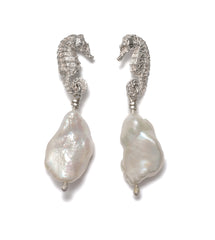 Seahorse cloud pearl drop earrings (Polished Silver)