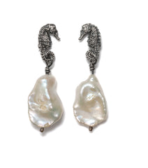 Seahorse Cloud Pearl Drop Earrings (Blackened Silver)
