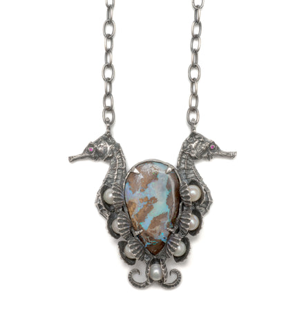 Seahorses, opal, pearl and ruby necklace