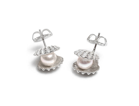 Clam shell pearl earrings ~ (Polished silver)